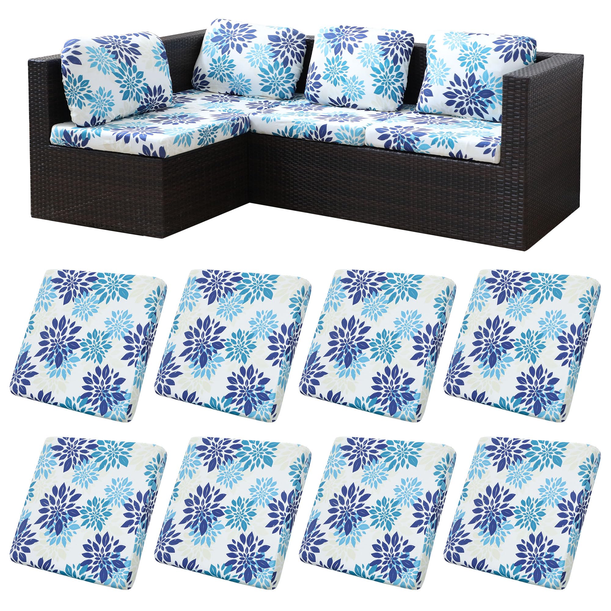 BIETYONE 8pc blue flower stretch cushion covers for patio, quick color refresh.