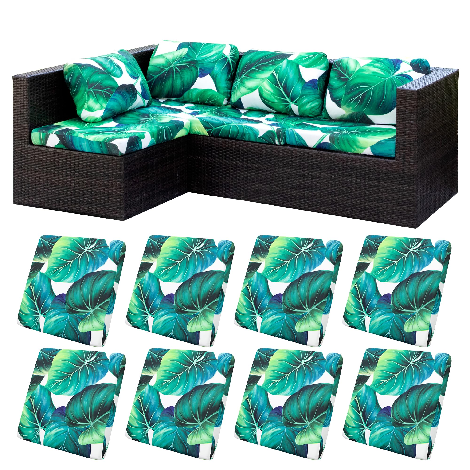 BIETYONE 8pcs stretch patio cushion covers fitting snugly on sofa cushions.