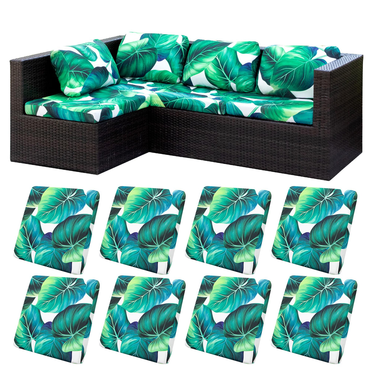 BIETYONE 8pcs stretch patio cushion covers fitting snugly on sofa cushions.
