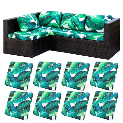BIETYONE 8pcs stretch patio cushion covers fitting snugly on sofa cushions.