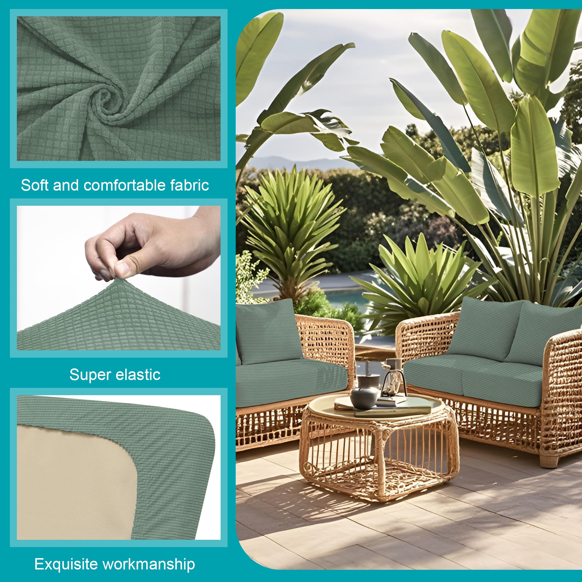 Matcha green outdoor cushion covers on patio furniture for a fresh look.