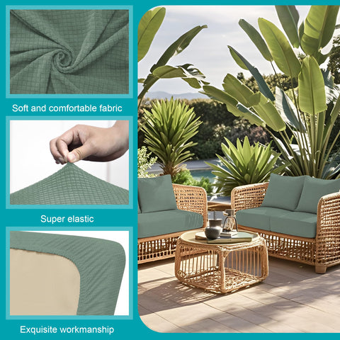 Matcha green outdoor cushion covers on patio furniture for a fresh look.