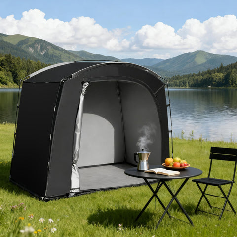 Versatile outdoor storage for motorcycles, lawn mowers, and tools.
