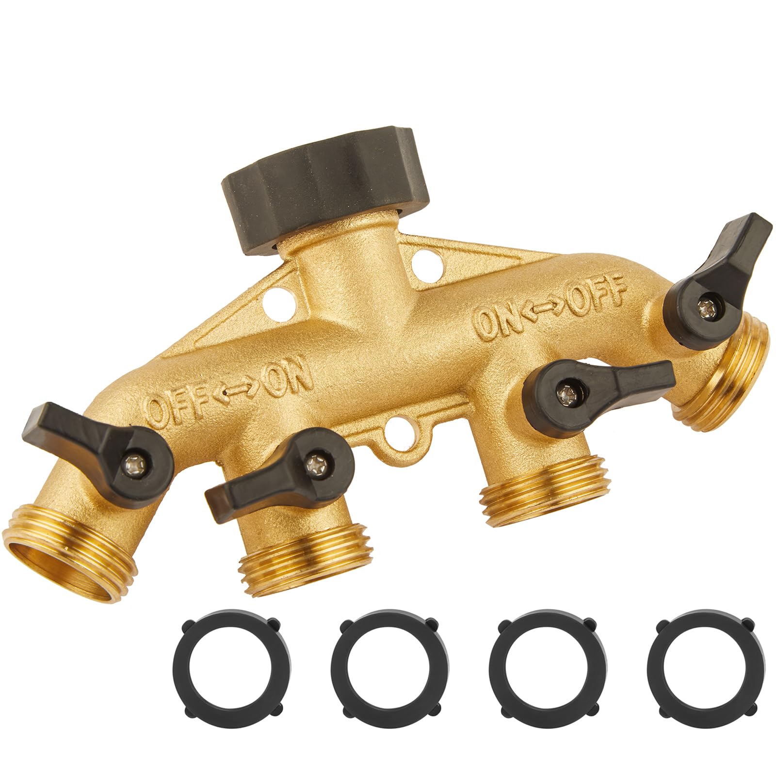 Bilal 4-way brass splitter front view for flexible four-hose watering.