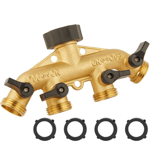 Bilal 4-way brass splitter front view for flexible four-hose watering.