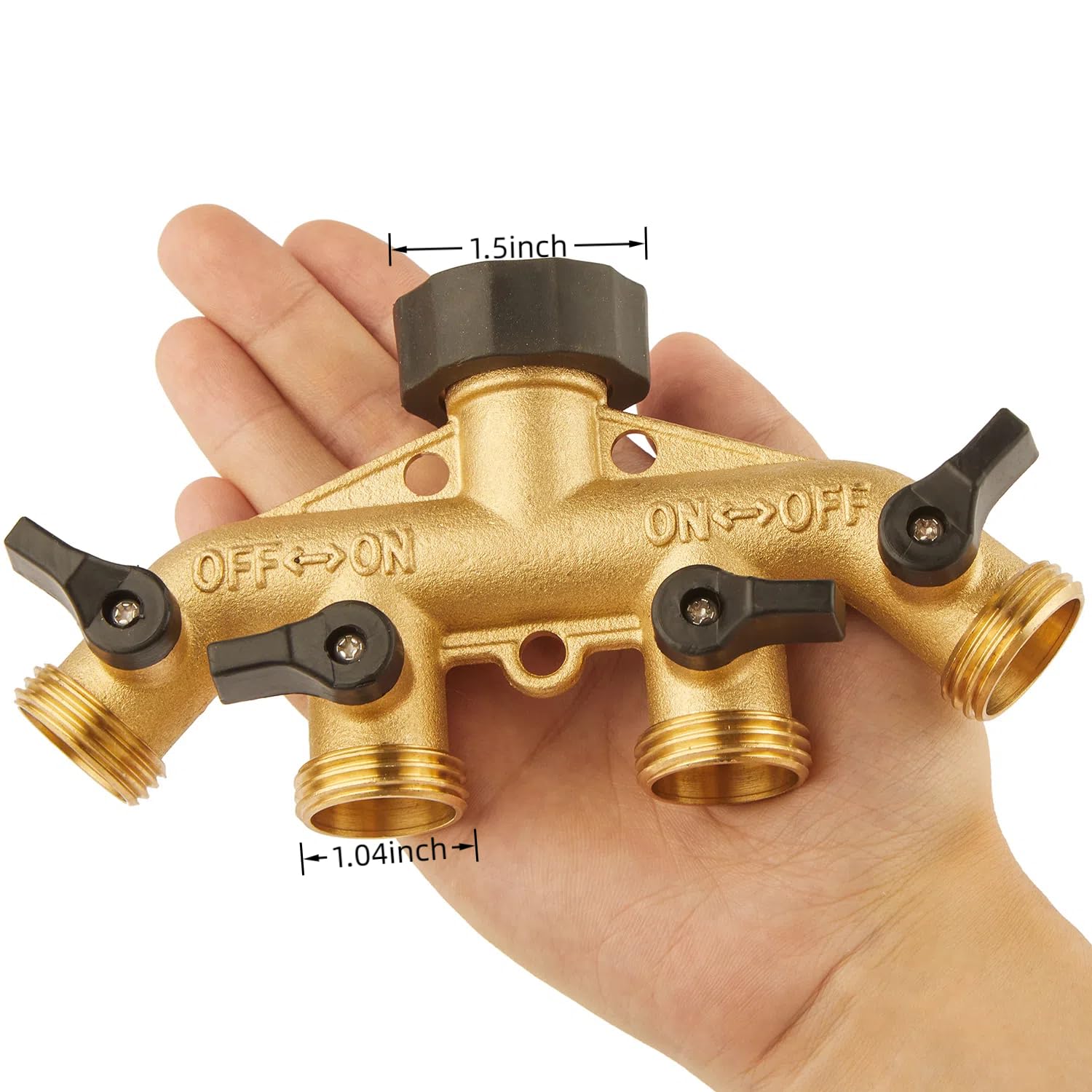Bilal 4-way brass splitter side view shows durable outdoor build.