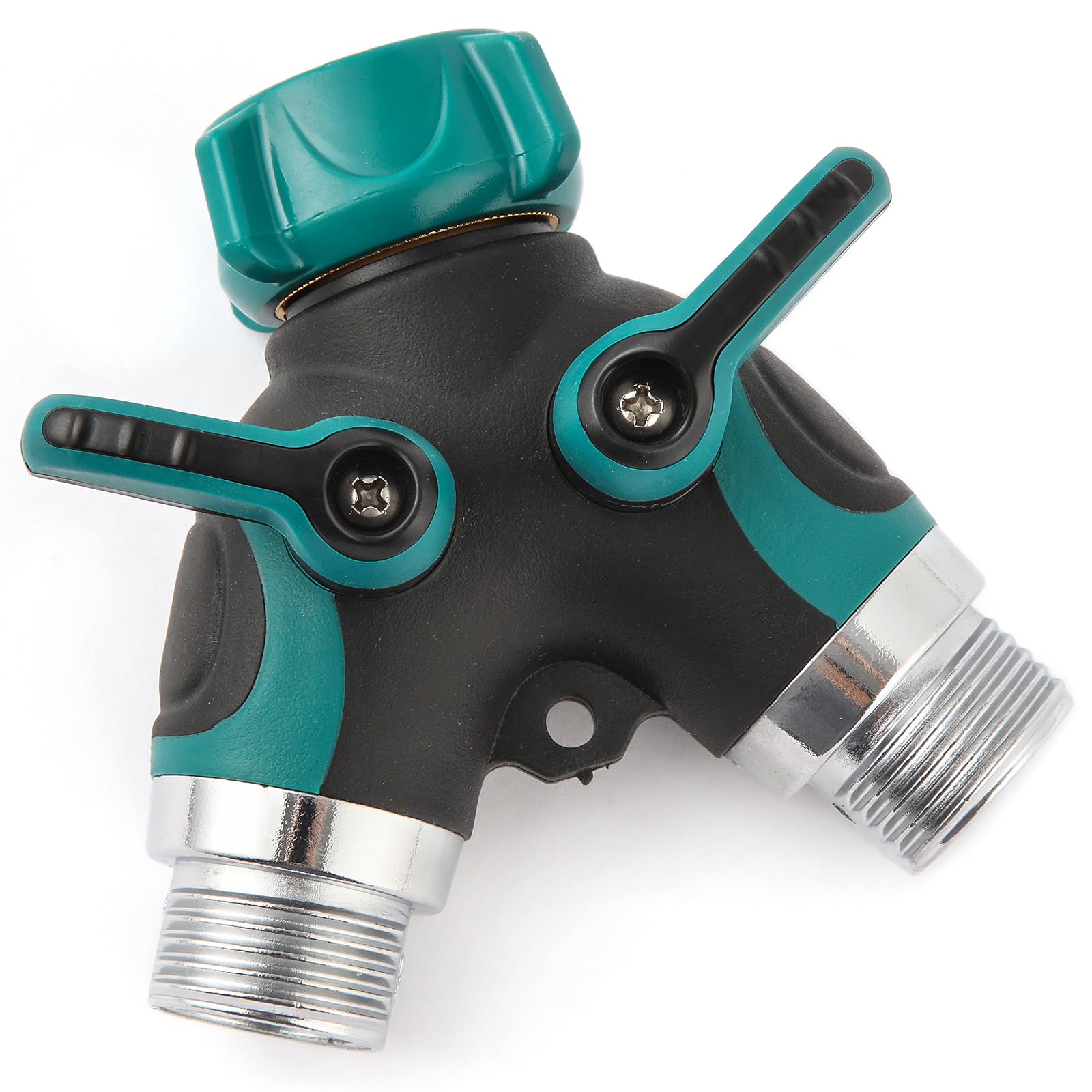 Bilal garden hose splitter with extended handles for easy on/off control.