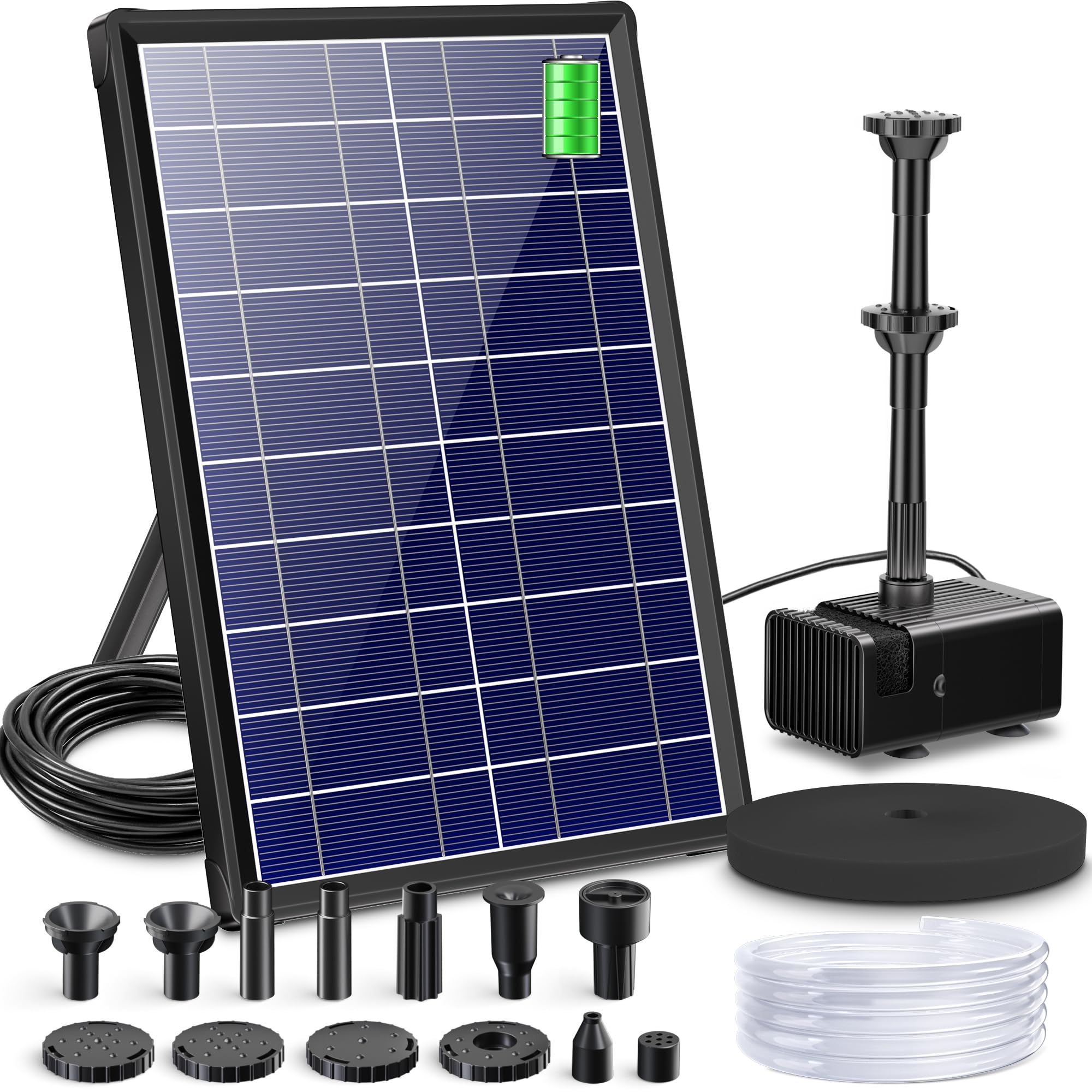 Biling 8W solar fountain pump with glass-protected panel for efficient sun energy capture.