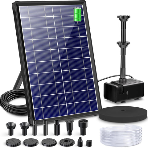 Biling 8W solar fountain pump with glass-protected panel for efficient sun energy capture.