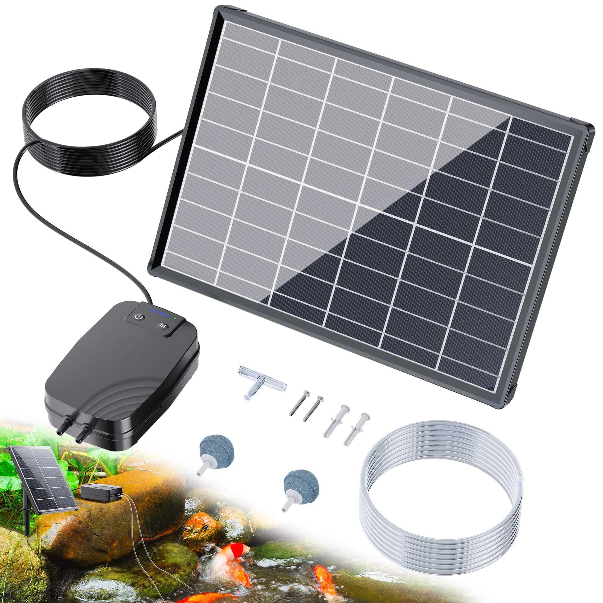 Biling 8W solar pond aerator with battery backup for daytime charging and nighttime aeration.