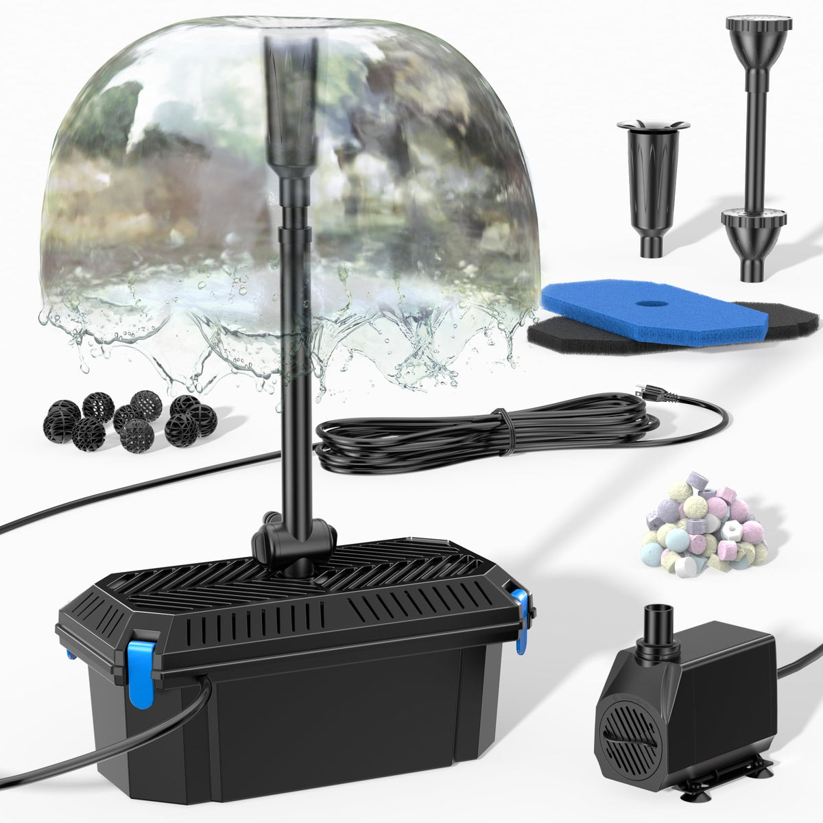 Biling pond filter box close-up with integrated filtration for clear water