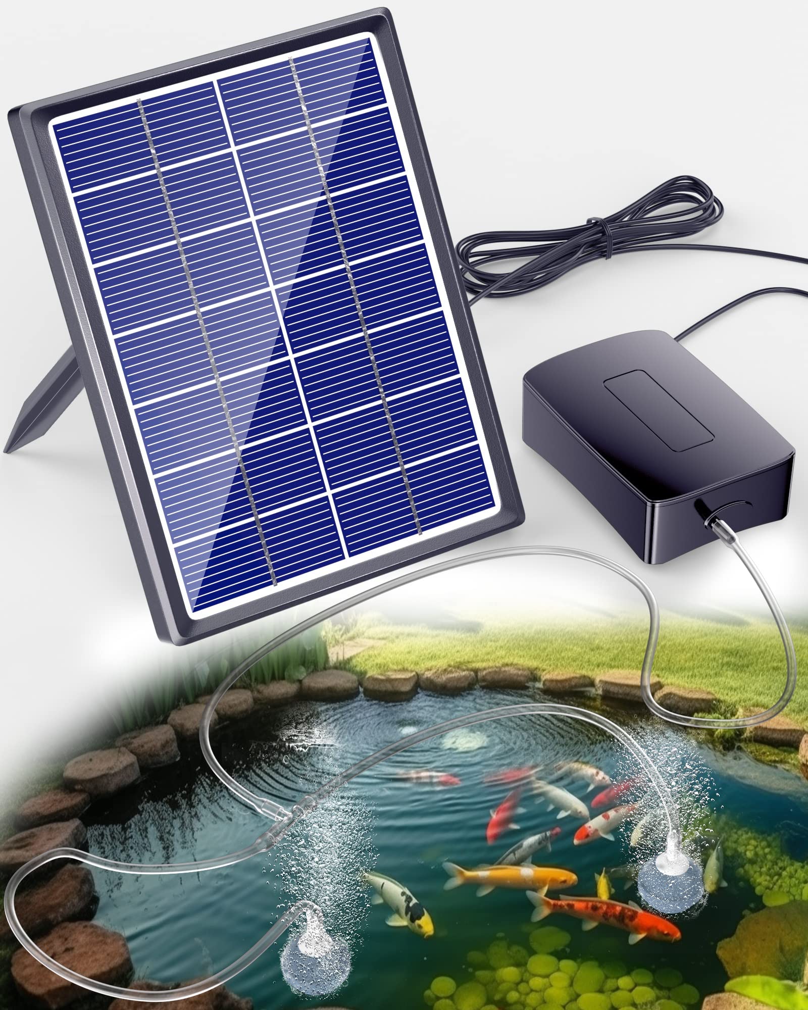 Biling solar aerator pond front view showing compact outdoor design with bubbles