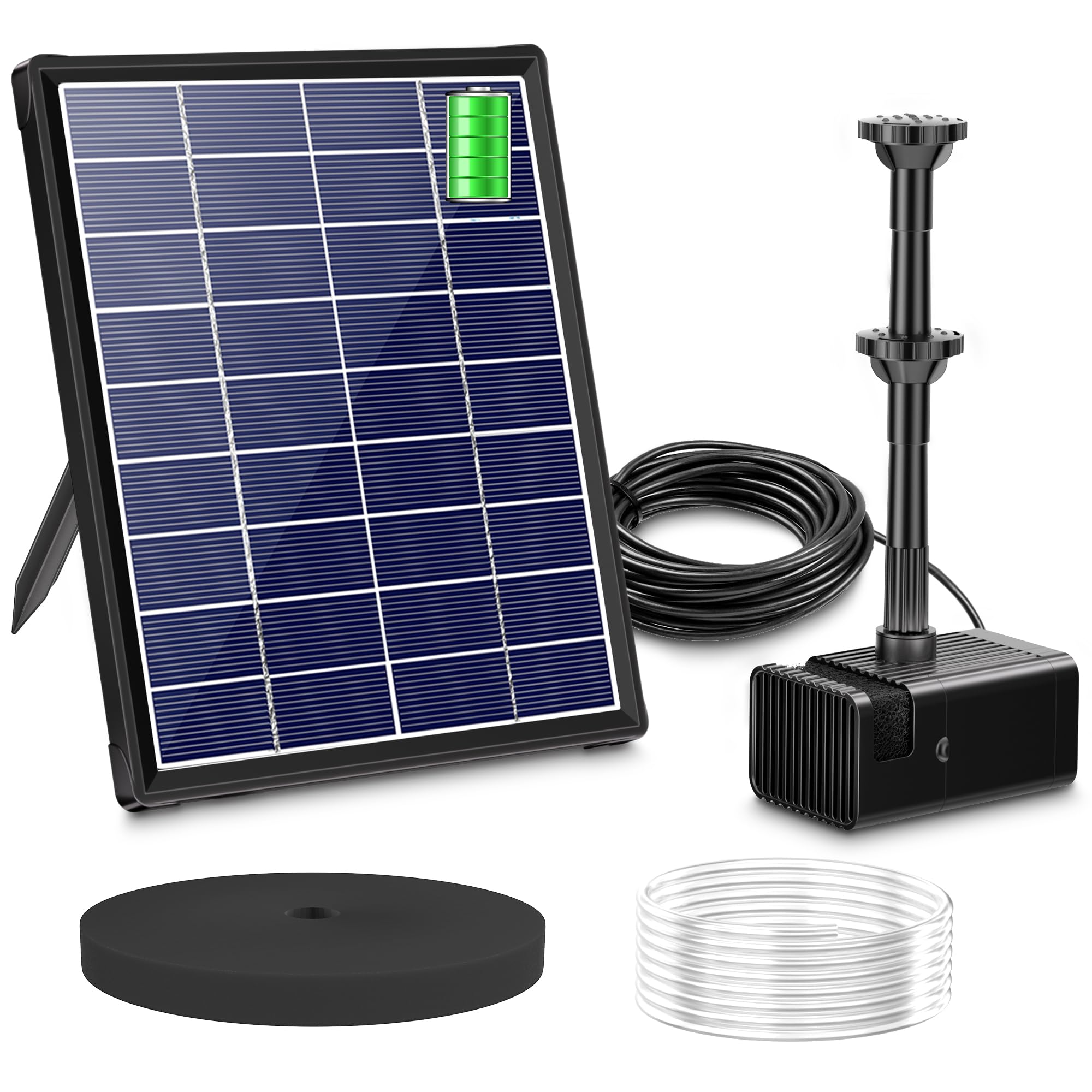 Biling solar panel with glass protection powering outdoor fountain efficiently.