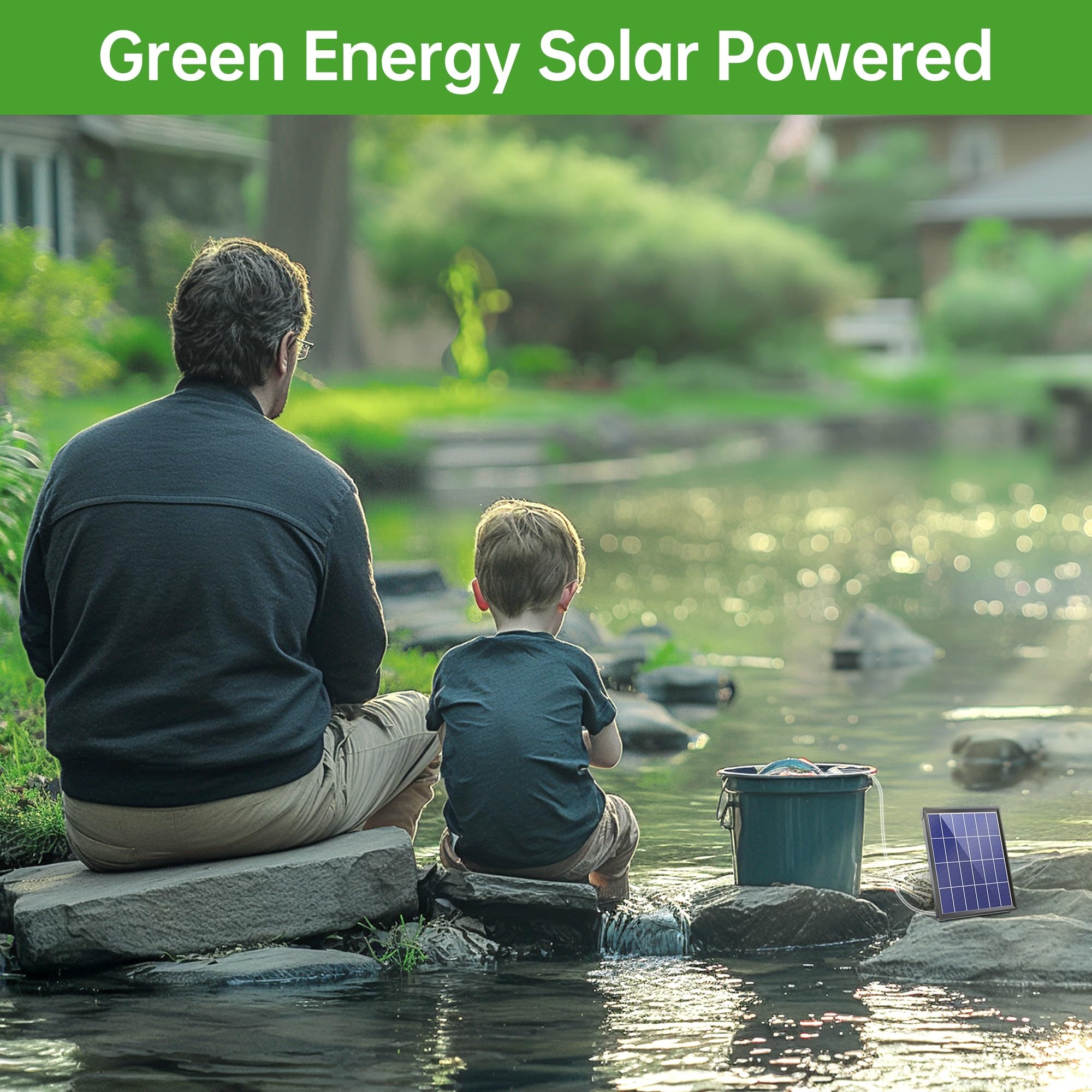 Biling Solar Pond Aerator battery backup shows built in power for day and night aeration.