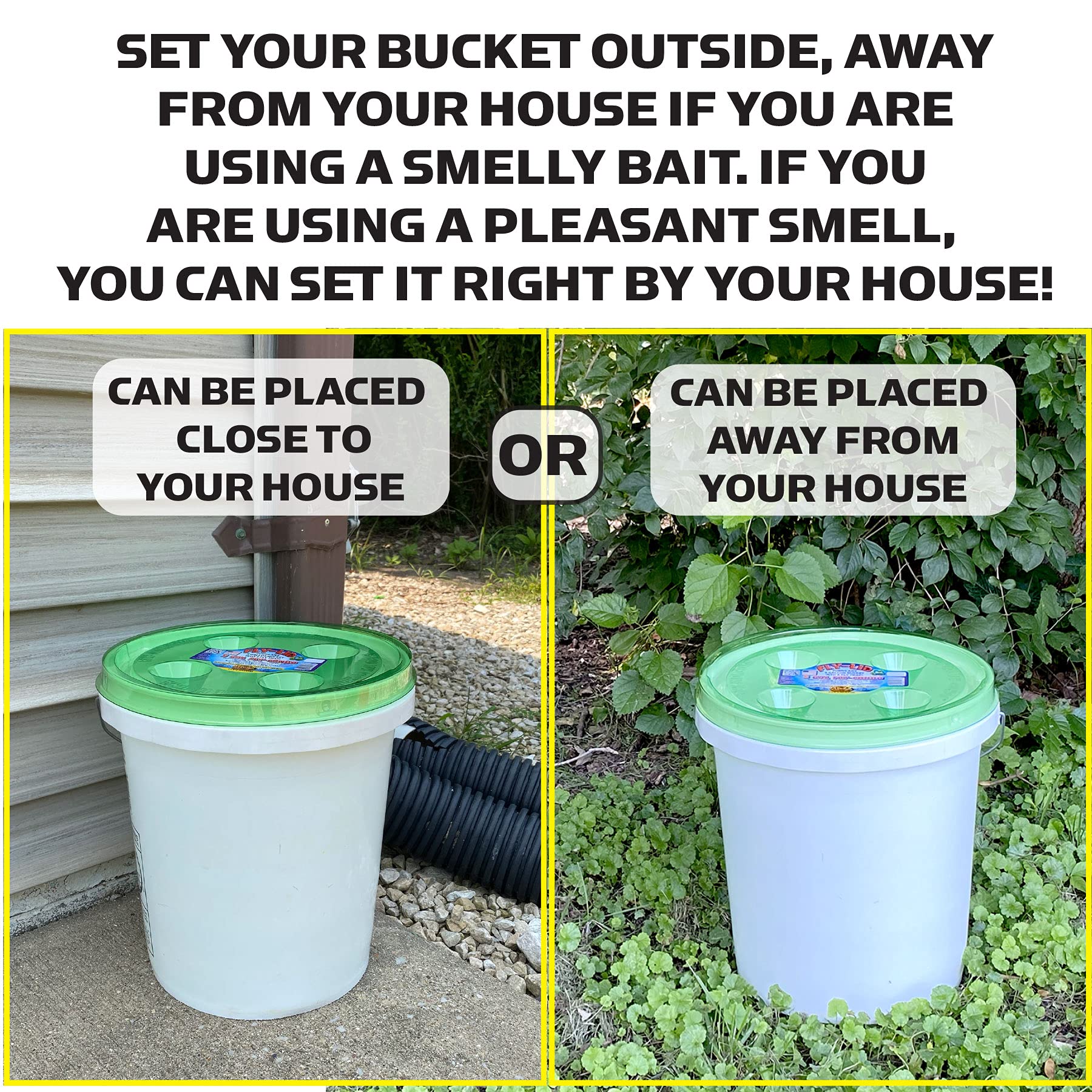 Billy-Bob Fly-Lid on a bucket in a patio setting for outdoor fly control.