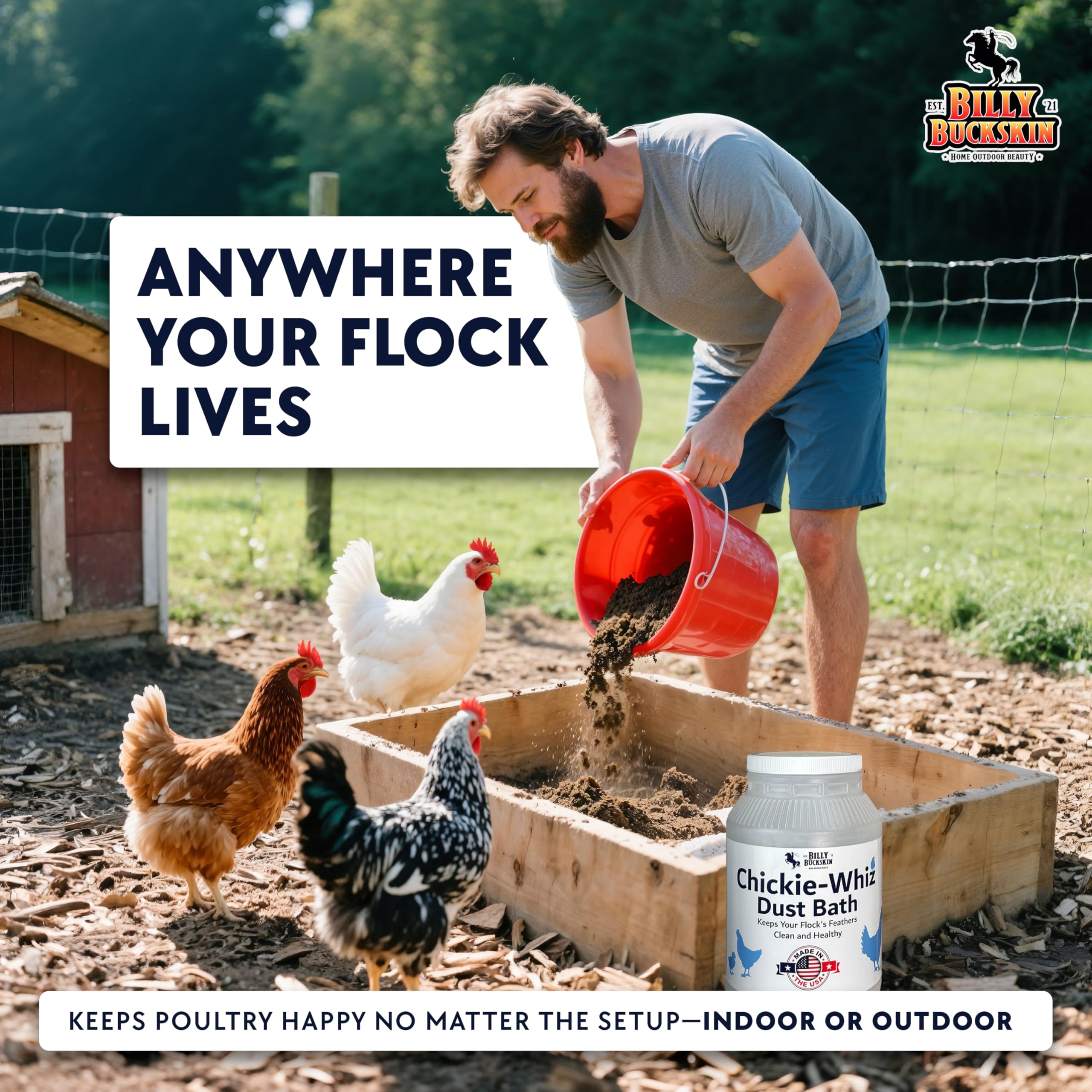Application spot with Chickie-Whiz demonstrates easy-to-use dust bath for birds