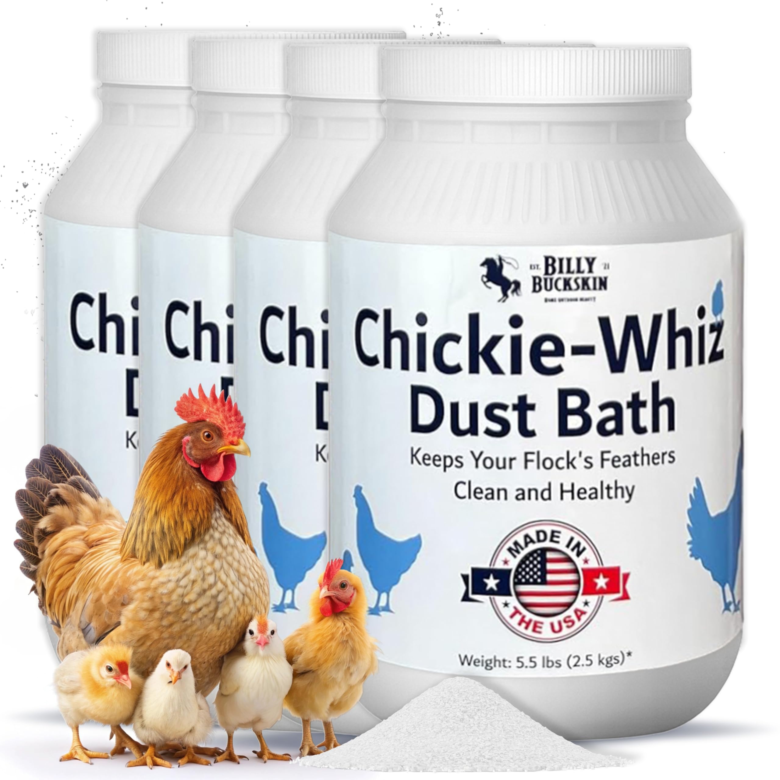 Billy Buckskin Chickie Whiz dust bath bottle promotes natural grooming and pest control.