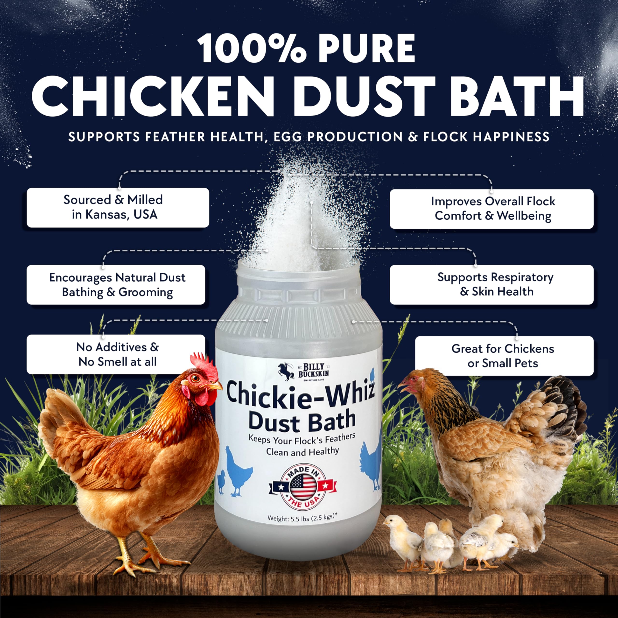 Chickie Whiz dust-bath container shows a safe, chemical-free hygiene option.