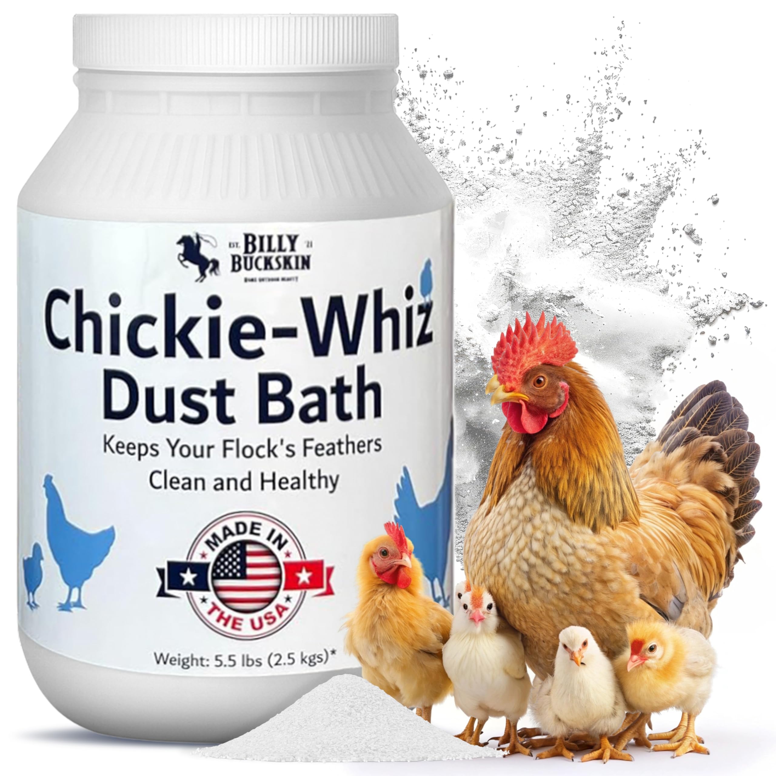 Chickie-Whiz dust bath pack shot highlighting natural US-made formula for healthy feathers