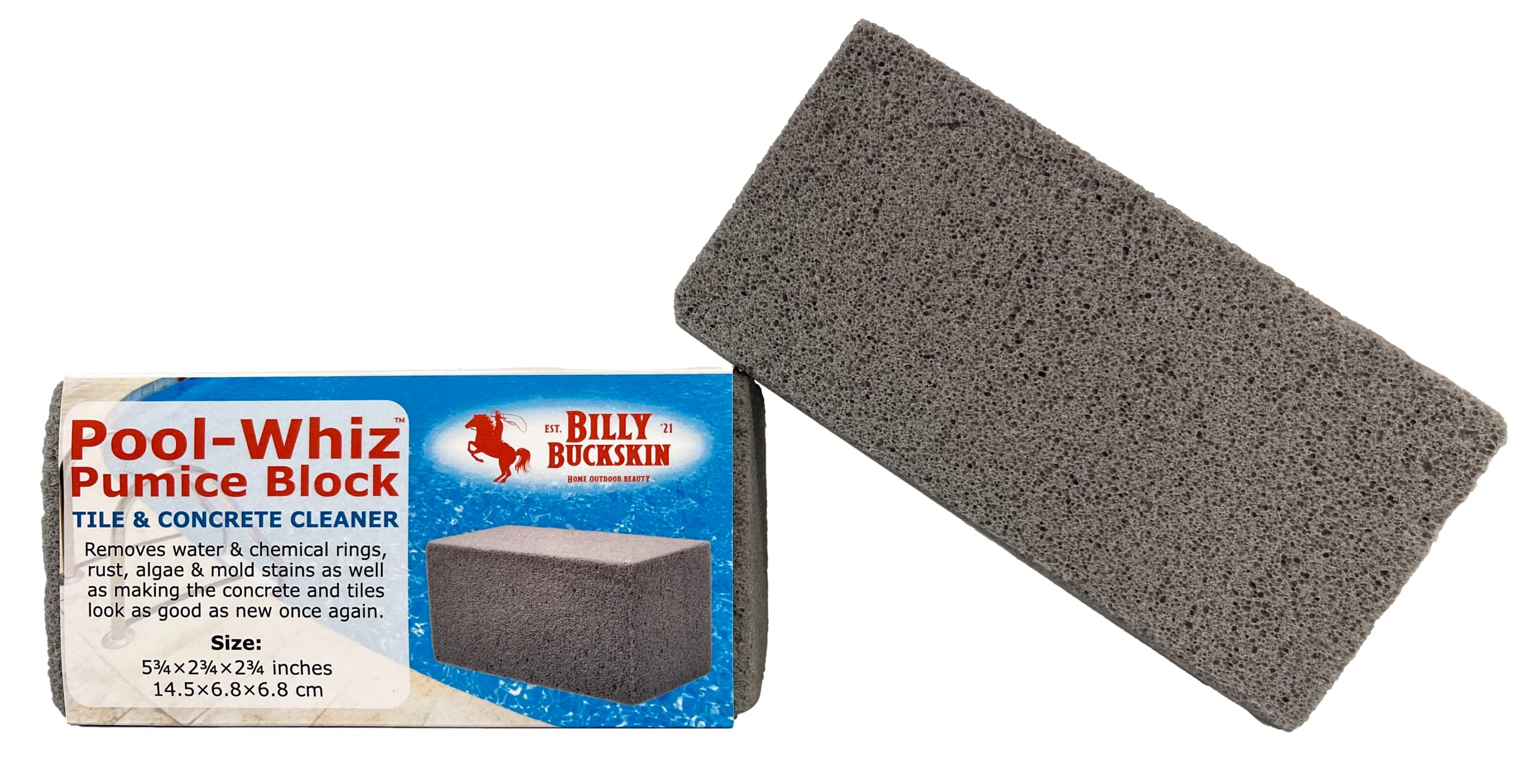 BILLY BUCKSKIN pumice block cleans concrete around the pool area.