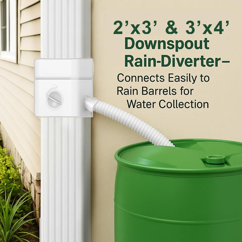 Binazon diverter fitting onto 3x4 downspout, versatile for 2x3 compatibility