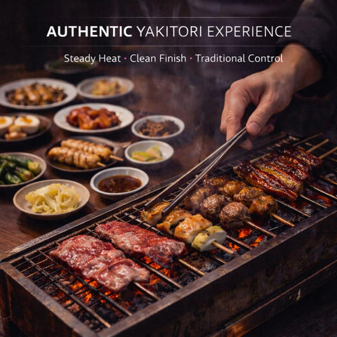 Bincho-Yaki Hero long-burn charcoal enables 4-5 hour yakitori sessions.