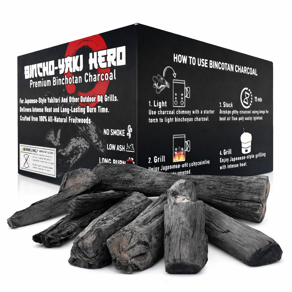Bincho-Yaki Hero premium binchotan charcoal 8-11in sticks for high-heat grilling.