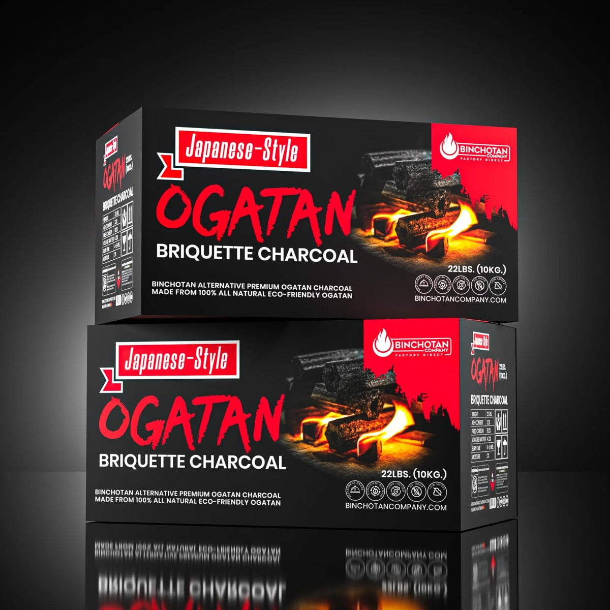 Binchotan Ogatan briquette charcoal packaging box signals eco-friendly sourcing for grilling.