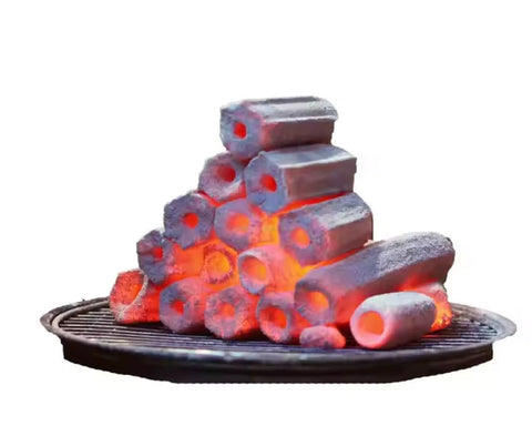 Binchotan Ogatan briquette charcoal ready-to-light on grill for clean searing.