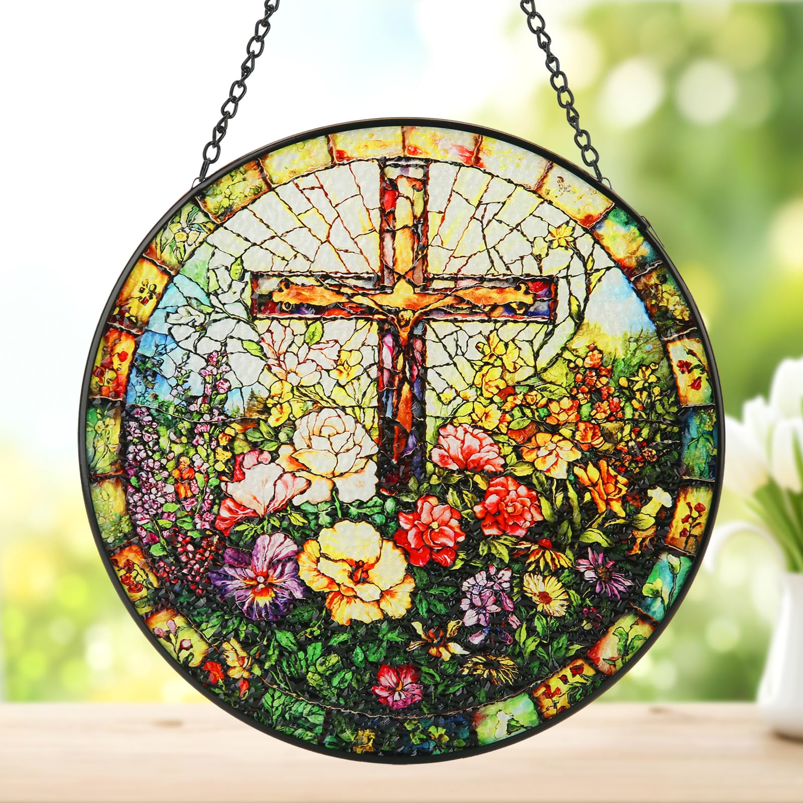 Bingcute stained glass cross suncatcher bright colors through sunlight for windows