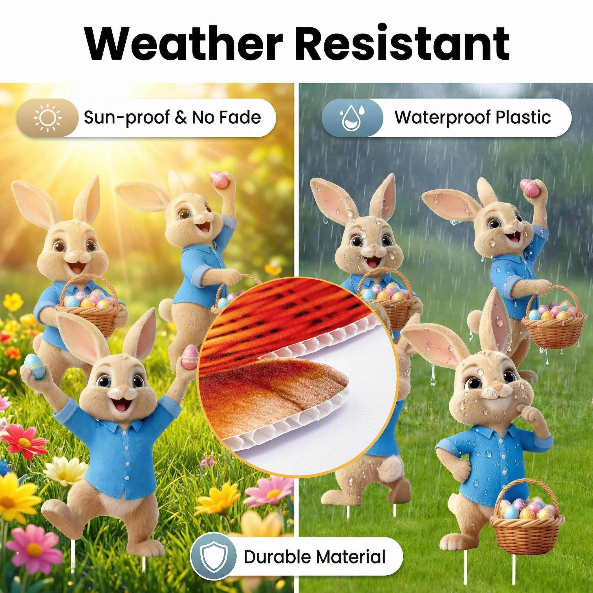 Binkahui six unique bunny designs on corrugated plastic for weatherproof outdoor use.