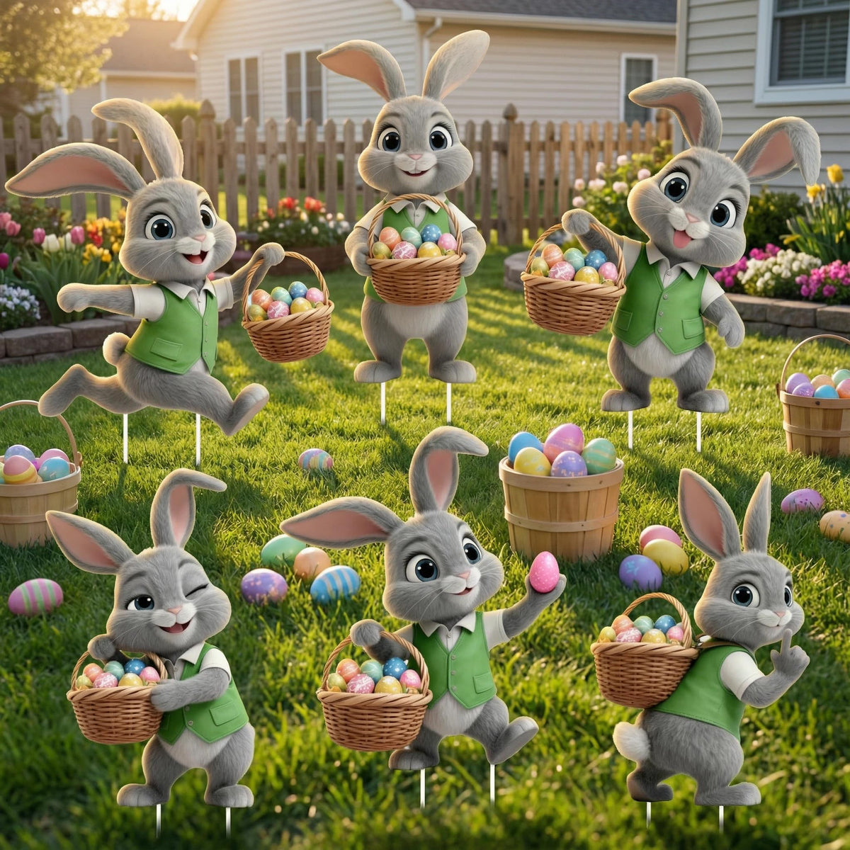 Binkahui Easter bunny yard signs 6-pack on lawn show colorful designs for festive outdoor decor.