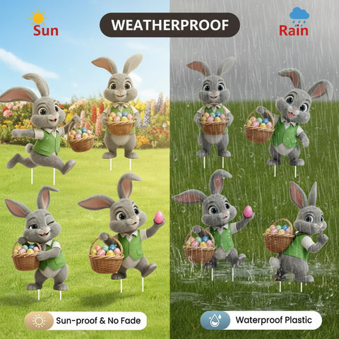 Binkahui garden and patio setup featuring six decorative bunny designs.