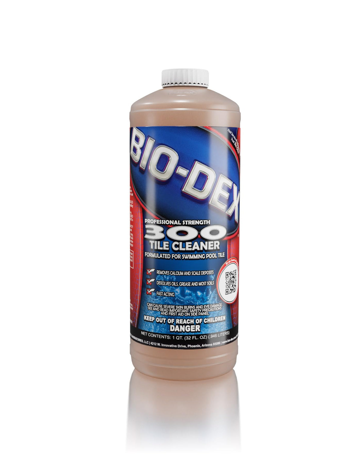 Bio-Dex BD300 tile cleaner bottle targets mineral buildup on tiles for easy cleaning.