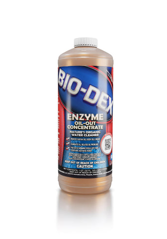 Bio-Dex Enzyme Oil Out bottle front view removes oils to improve pool water clarity.