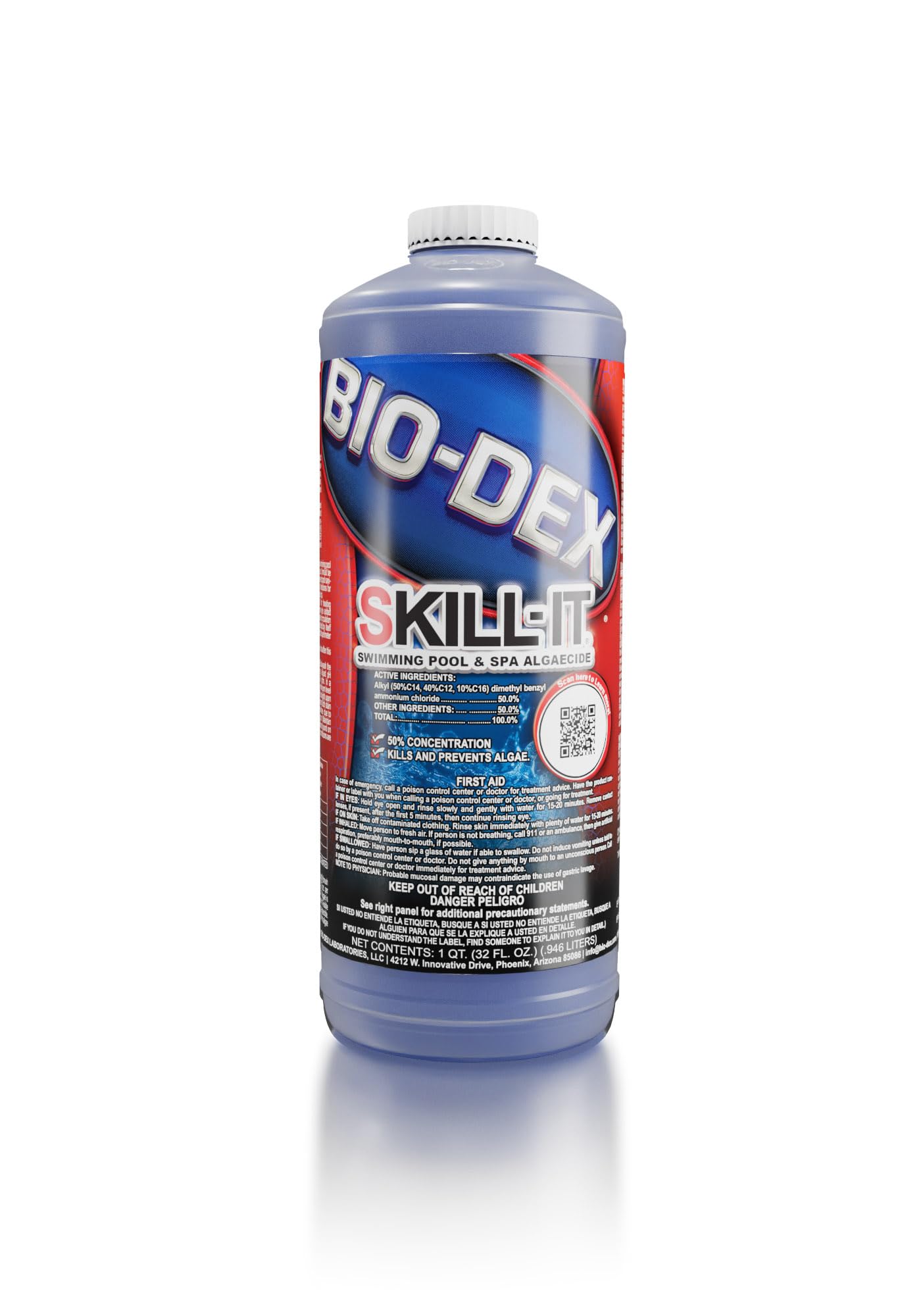 Bio-Dex Skill-It 32oz bottle ready for fast algae control, helping pool water stay clear
