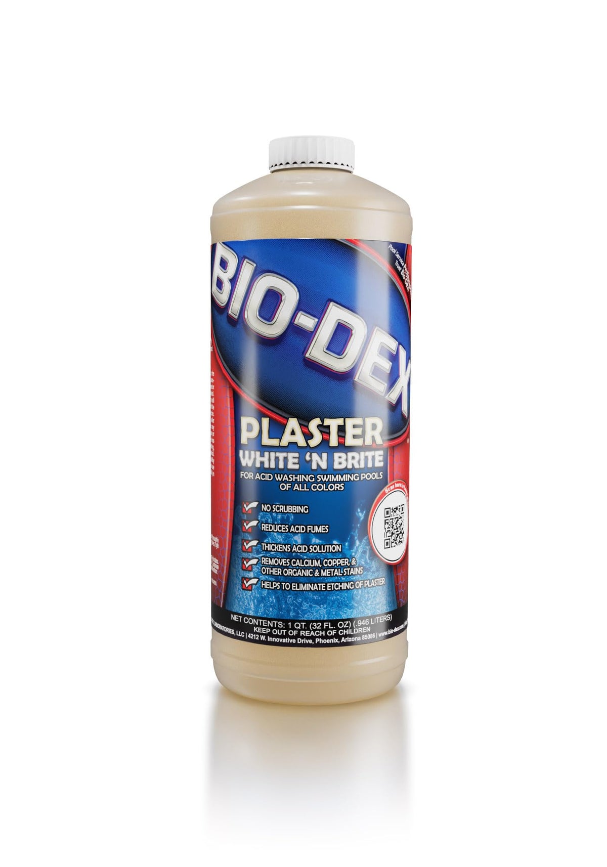 Bio-Dex Plaster White N Bright bottle used for stain removal during pool plaster acid washes