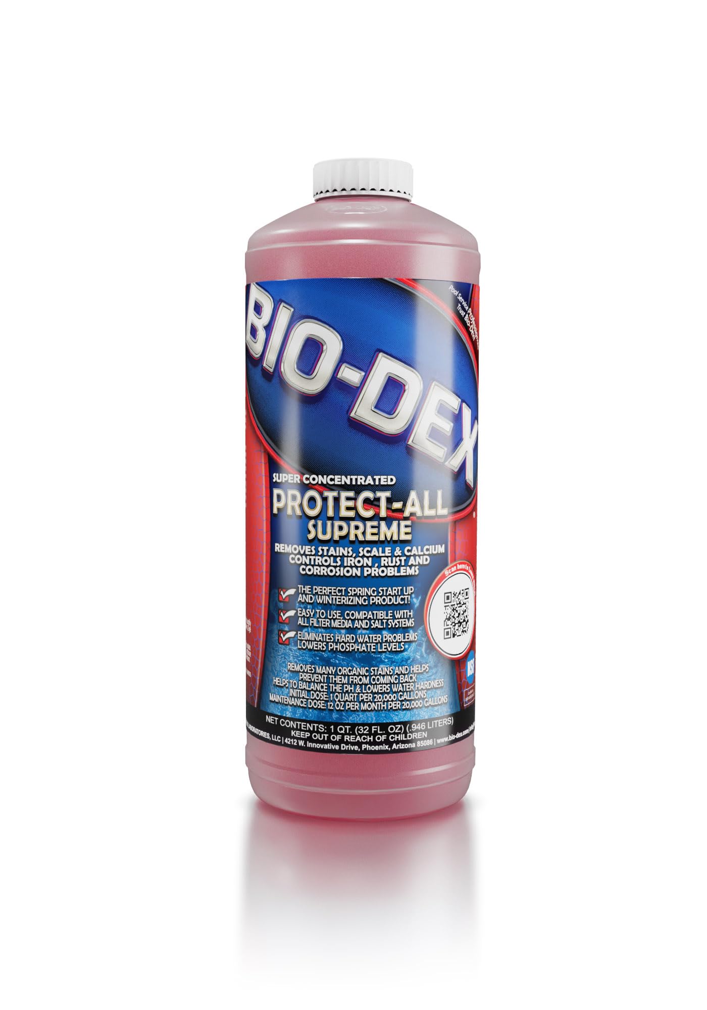 Bio-Dex Protect All Quart removes pool scale and stains for sparkling spas and decorative pools.