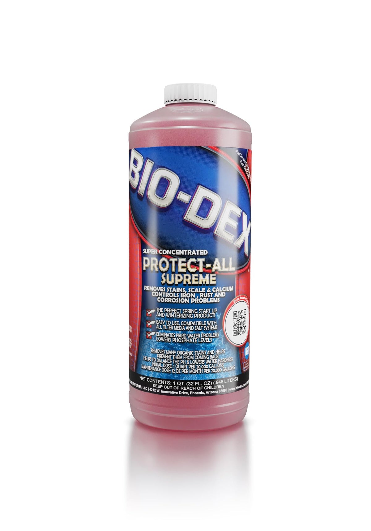 Bio-Dex Protect All Quart removes pool scale and stains for sparkling spas and decorative pools.