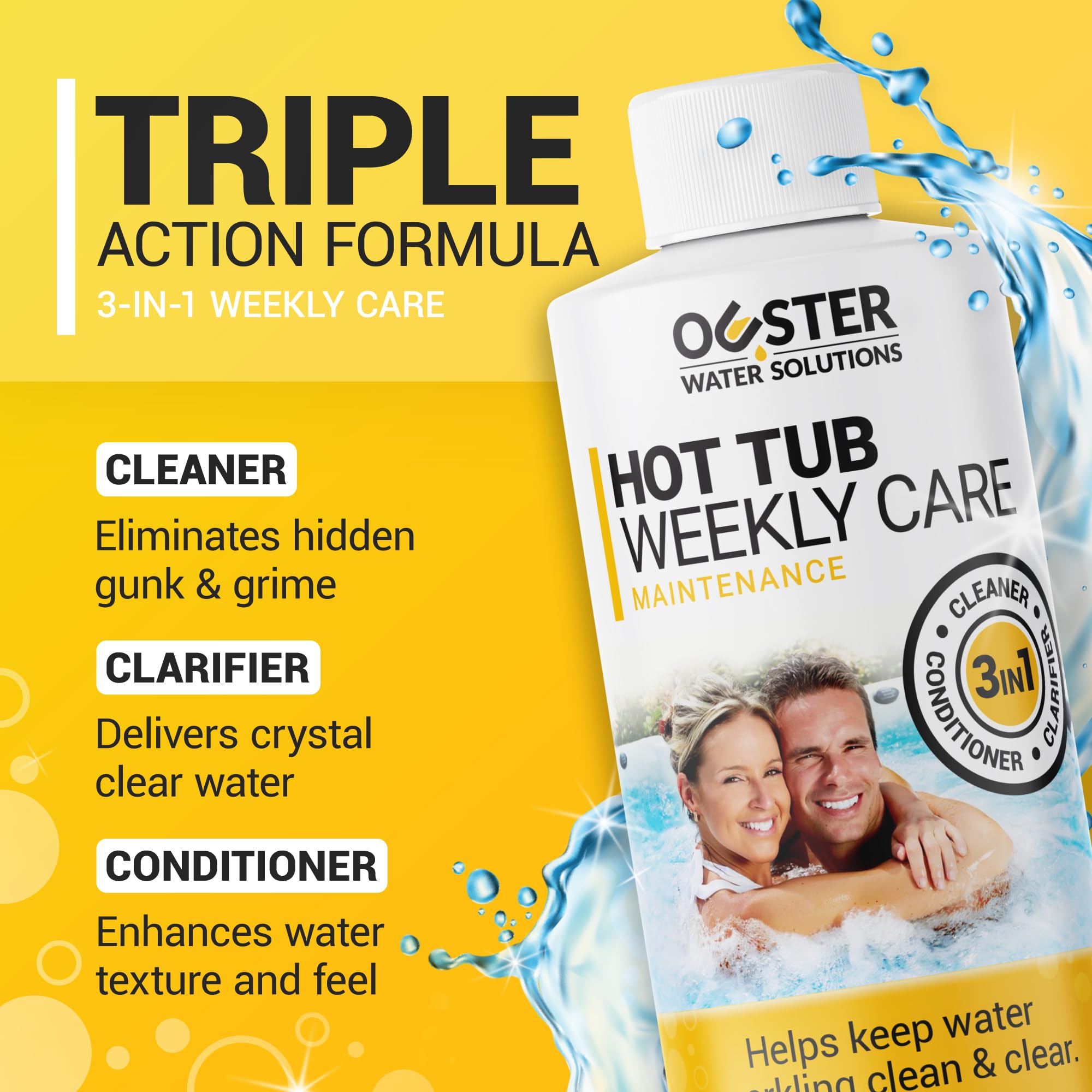 Bio Ouster 3in1 Weekly Care pour action shows simple dosing for clear water.