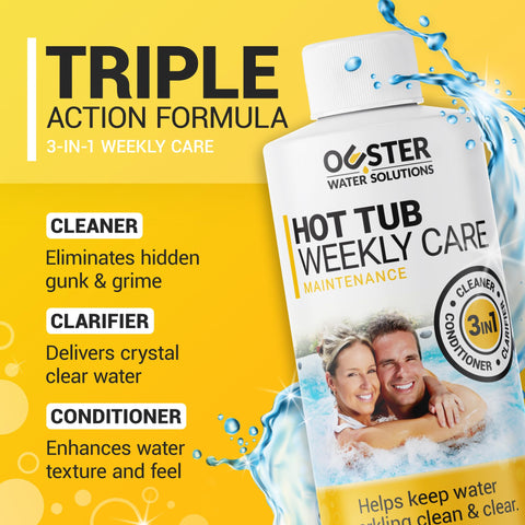 Bio Ouster 3in1 Weekly Care pour action shows simple dosing for clear water.
