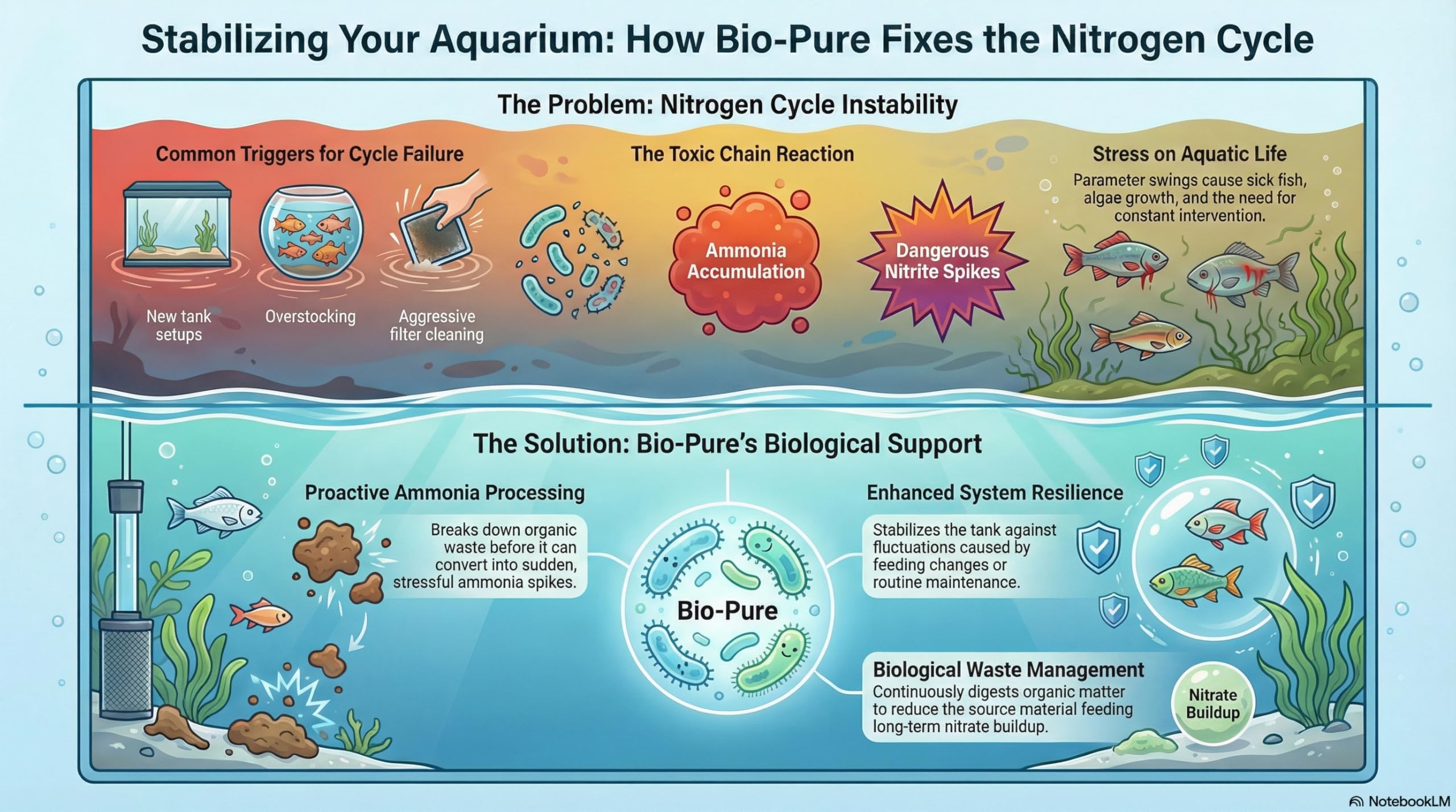 Bio Pure 50-50 dual-action label highlighting clarity and cleanup.