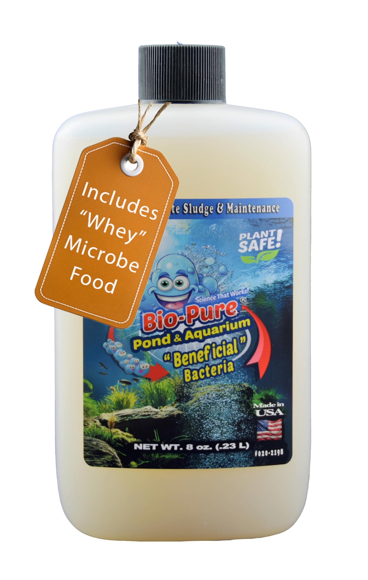 Bio Pure bacteria bottle closeup illustrating ready-to-use probiotic for ponds and tanks.