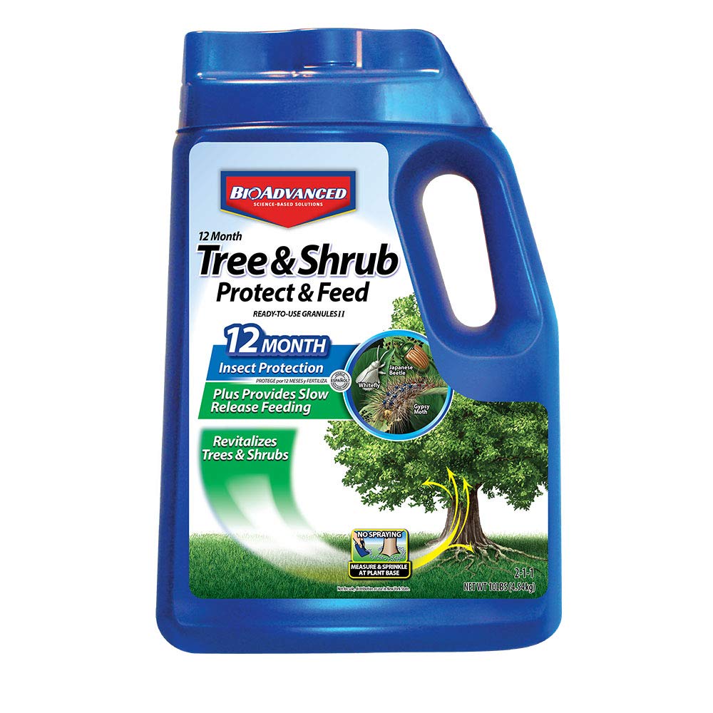 BioAdvanced 12-month protect and feed granules bag provides year-long protection for trees and shrubs.