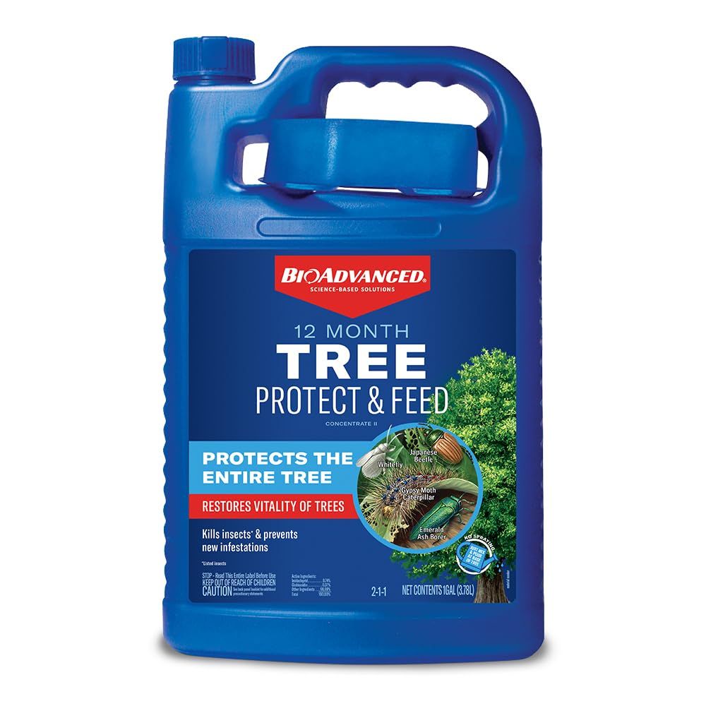BioAdvanced 12 Month Tree Protect & Feed II bottle pour demonstrates easy application for long-lasting protection.