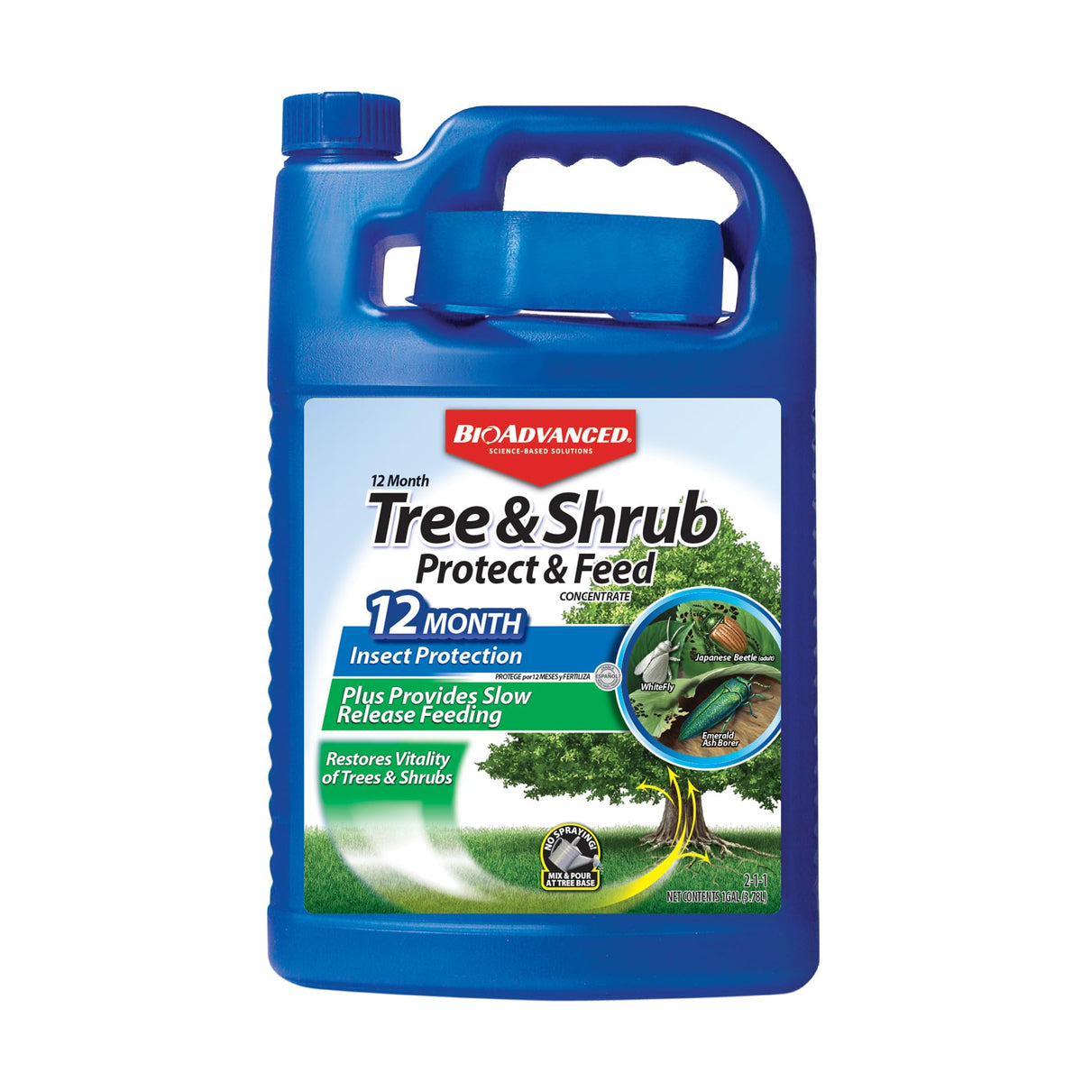 BioAdvanced 12-month bottle pour demonstrates long-lasting protection for trees and shrubs.