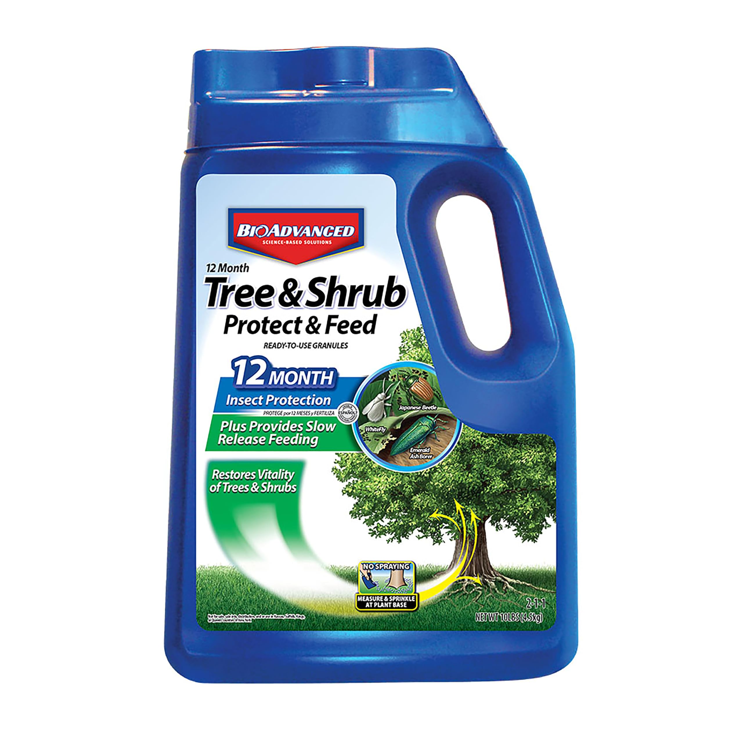 BioAdvanced 12 Month Protect and Feed granules shown in bag deliver year-long pest protection.