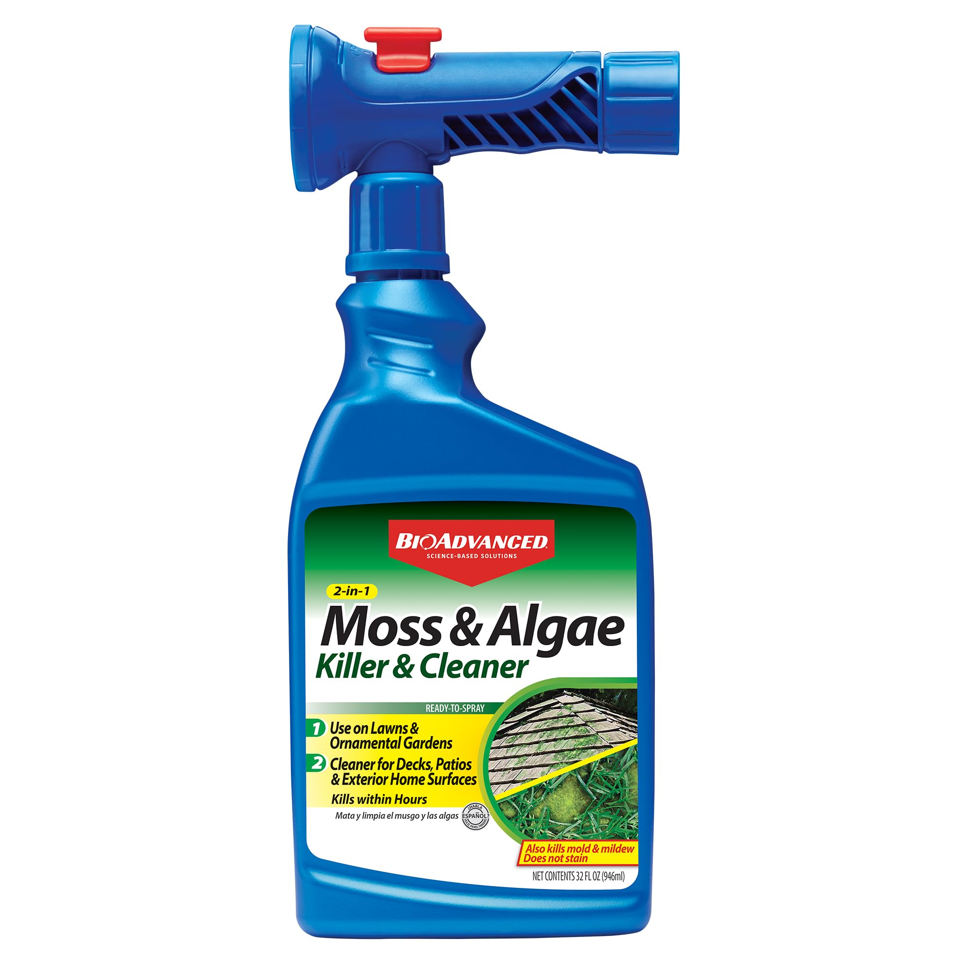 BioAdvanced 2-in-1 Moss & Algae Killer on lawn; moss turning yellow for easier removal