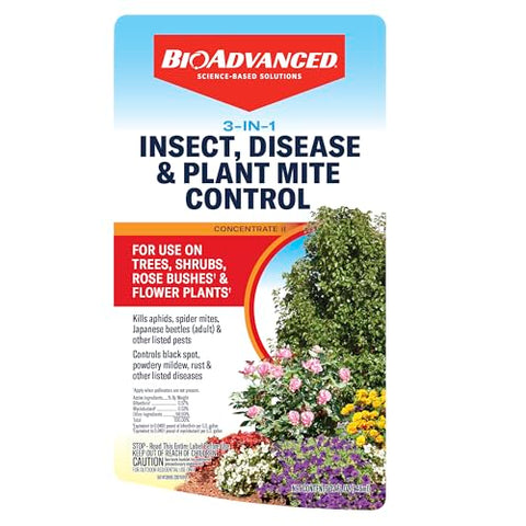 BioAdvanced 32oz concentrate label highlighting garden pest protection and disease control.