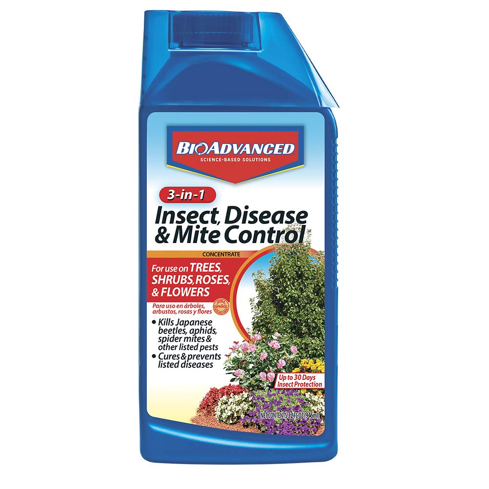 BioAdvanced 3-in-1 bottle illustrating insect, disease, and mite control for garden health.